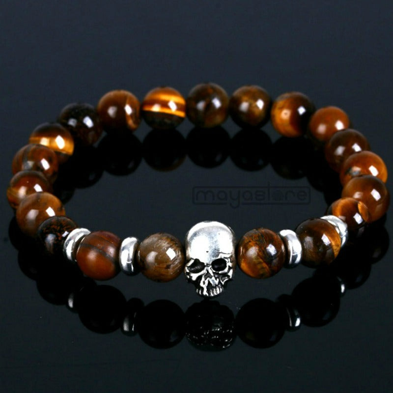 SKULL ARMBAND NATUR STEIN TIGERAUGE GOLD ARMBÄNDER ARMKETTE BRACELET STONE BEADS