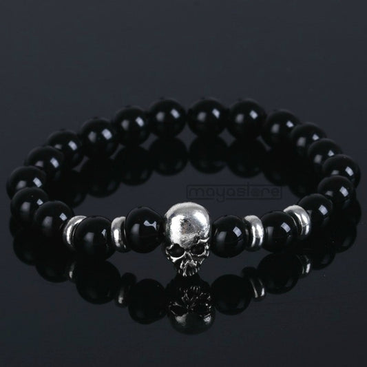 SKULL ARMBAND NATUR STEIN SCHWARZ ACHAT ARMBÄNDER ARMKETTE BRACELET STONE BEAD PERLEN