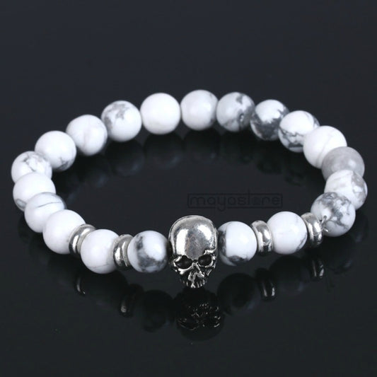 SKULL ARMBAND NATUR STEIN HOWLITH WEIß ARMBÄNDER ARMKETTE BRACELET STONE