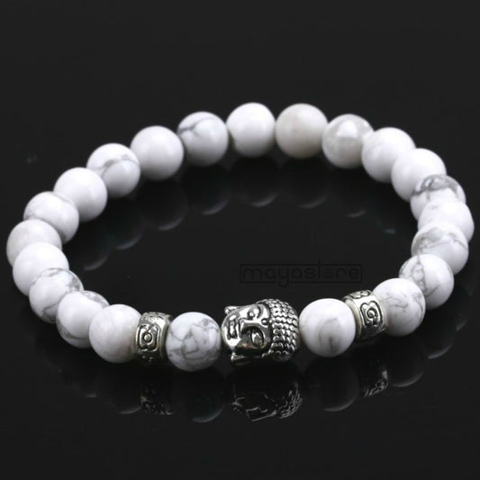 BUDDHA ARMBAND NATUR STEIN HOWLITH WEIß ARMBÄNDER ARMKETTE BRACELET STONE BEADS PERLEN